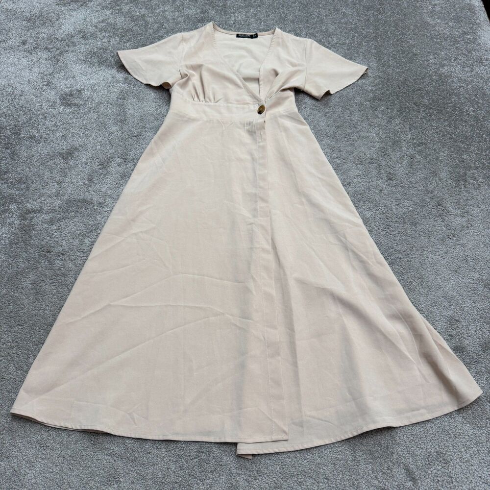 Nasty Gal Collection Wrapped Midi Dress Womens 4 Beige Flutter Sleeve V-Neck